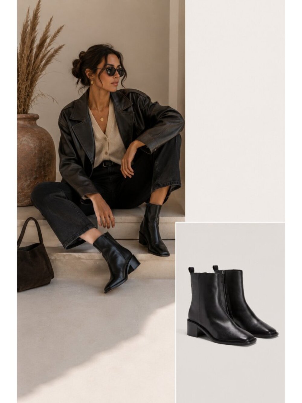 Everlane Day Heel Boot Womens Size 8 Black Leather Ankle Boots Square Toe Zip